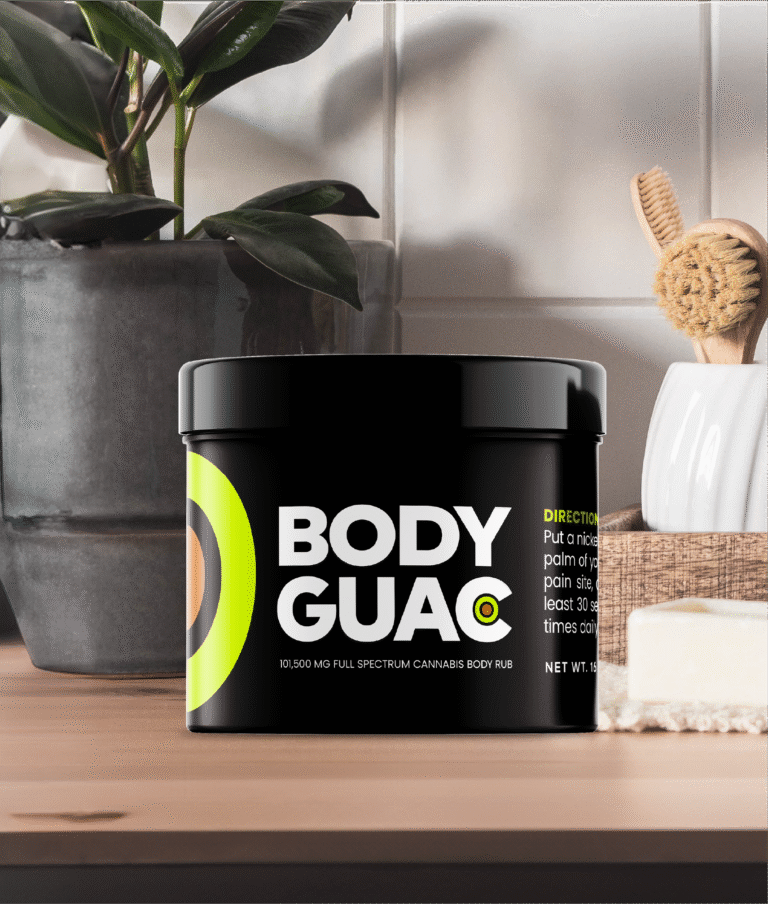 Body Guac cannabis topical jar placed on a clean bathroom counter for daily wellness and skincare routine